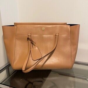 Tory Burch Parker Tote Leather Purse Tan Light Brown Bag Classic Preppy Zipper